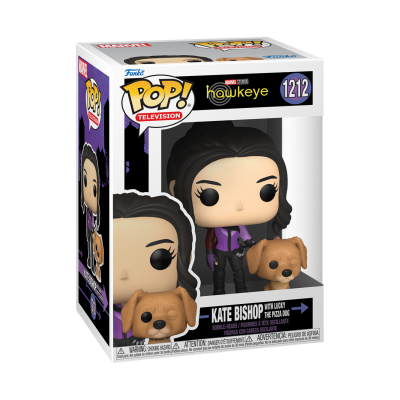 Figura Funko Pop! Kate Bishop com cachorro Lucky na caixa