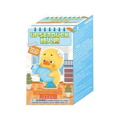Embalagem do brinquedo UPSETDUCK com pato amarelo e peixe azul