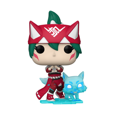 Figura colecionável Funko Pop personagem com roupa vermelha e lobo azul translúcido