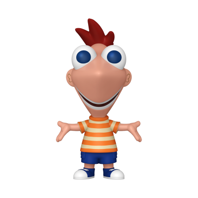 Boneco cartoon com camisa às riscas laranja e branca, calções azuis e cabelos vermelhos