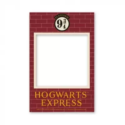 Moldura decorativa vermelha tipo tijolo com texto Plataforma 9 3/4 e Hogwarts Express