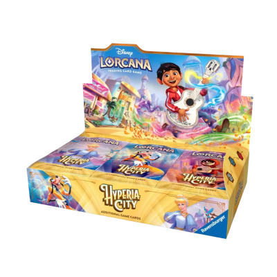 Caixa colorida de cartões colecionáveis Disney Lorcana Hyperia City com personagens animados