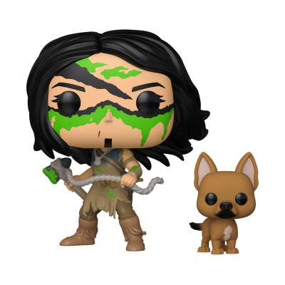 Figura Funko Pop de personagem com cabelo preto, pintura verde no rosto, segurando machado, com cão castanho ao lado