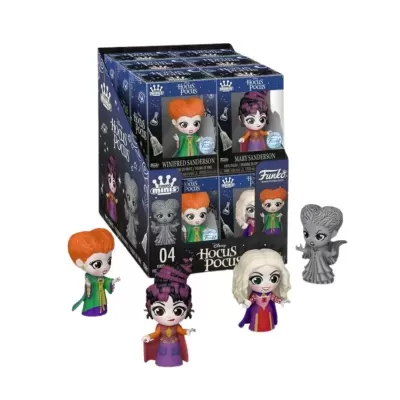 Figuras Funko Minis Disney Hocus Pocus com personagens Winifred Sanderson, Mary Sanderson, Sarah Sanderson e uma figura cinzenta fantasma, junto à embalagem azul e preta