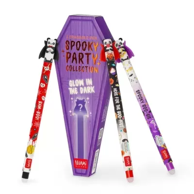 Conjunto de três canetas apagáveis com desenhos de Halloween e estojo roxo em formato de caixão.