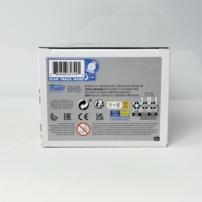 Caixa branca de Funko Pop com código de barras e texto na parte de trás