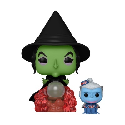 Duas figuras Funko Pop, bruxa verde com chapéu preto e esfera de cristal, e figura azul pequena com roupa azul e vermelha