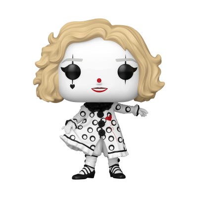 Figura Funko Pop de palhaço com cabelo loiro e roupa branca com círculos pretos e coração vermelho