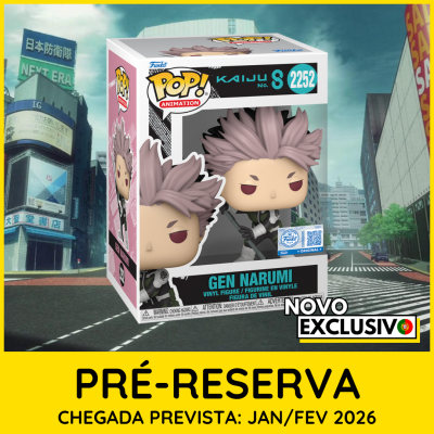 Figurine Funko Pop Gen Narumi Kaiju na embalagem sobre fundo urbano colorido e texto amarillo de pré-reserva.