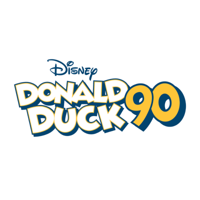 Logótipo Disney Donald Duck 90 em amarelo e azul sobre fundo branco