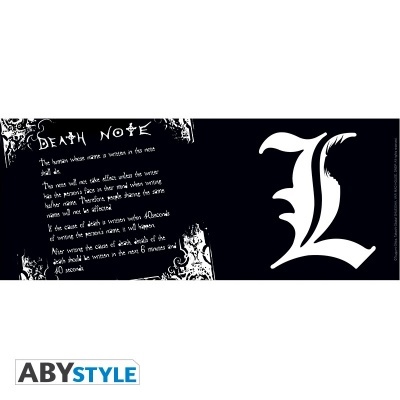 Estojo preto com símbolo 'L' e texto de Death Note em branco