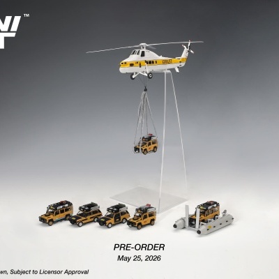 Miniaturas de veículos todo-o-terreno amarelos com helicóptero branco e amarelo para exposição