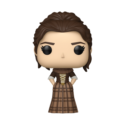 Figura de vinil colecionável vestida com roupa xadrez castanha e bege
