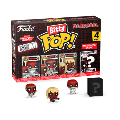 Caixa de figuras Deadpool Bitty Pop! da Funko com quatro personagens em miniatura incluindo uma figura surpresa.