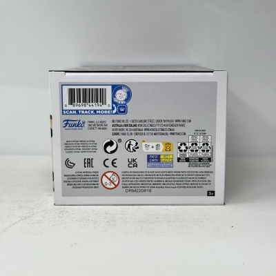 Parte traseira de caixa de produto Funko Pop com código de barras e símbolos de certificação.