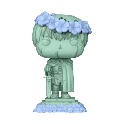 Figura Funko Pop verde com capa, espada e coroa de flores lilases
