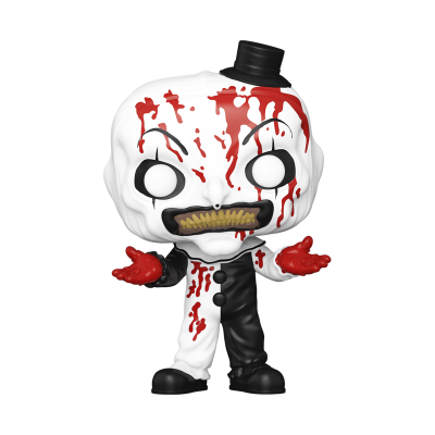 Figura colecionável Funko Pop cabeça branca com manchas de sangue e roupa preto e branca
