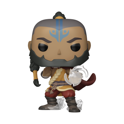 Figura de vinil Funko Pop de personagem masculino com tatuagens azuis, barba cinzenta e roupas castanho-amarelas e vermelhas