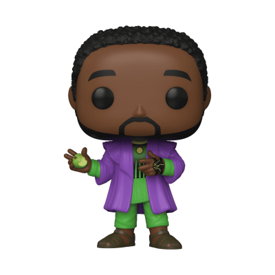 Boneco Funko Pop vestido de verde e roxo com cabelo preto e sandálias