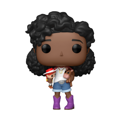 Figura Funko Pop rapariga com cabelo preto encaracolado a segurar figuras de brinquedo