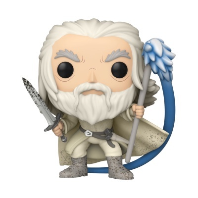 Figura Funko Pop de Gandalf com espada e cajado em fundo branco