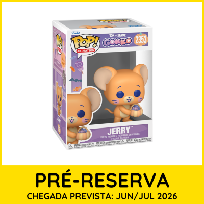 Figura de vinil Jerry da série Tom and Jerry na caixa com tema de Halloween e aviso de pré-reserva.