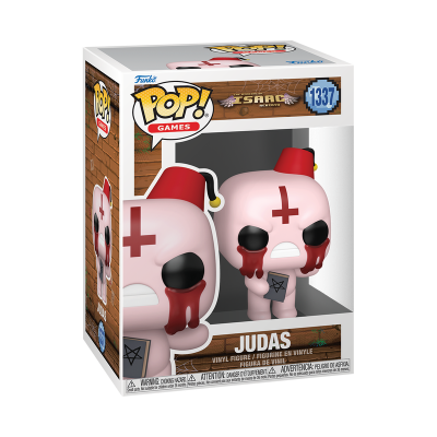 Boneco Funko Pop Games Judas com lágrimas vermelhas e símbolo na roupa