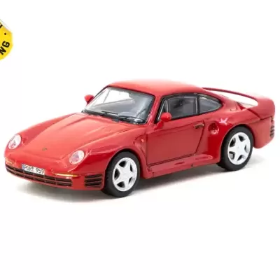 Miniatura de carro desportivo vermelho com jantes brancas e etiqueta amarela NEW TOOLING