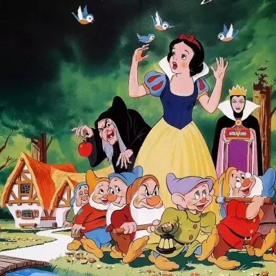 Branca de Neve com os sete anões, bruxa e rainha má no bosque em imagem animada