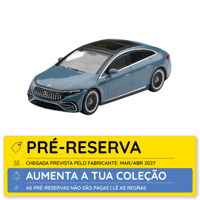 Miniatura de carro Mercedes-Benz EQS azul com selo de pré-reserva amarelo