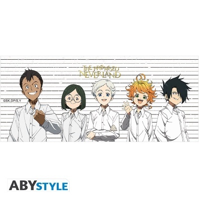 Cinco personagens de anime de The Promised Neverland em fundo branco com linhas horizontais