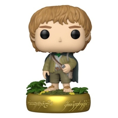 Figura Funko Pop com base dourada e inscrições, personagem de roupa verde e castanha