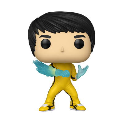 Figura Funko Pop de personagem com fato amarelo e energia azul nas mãos