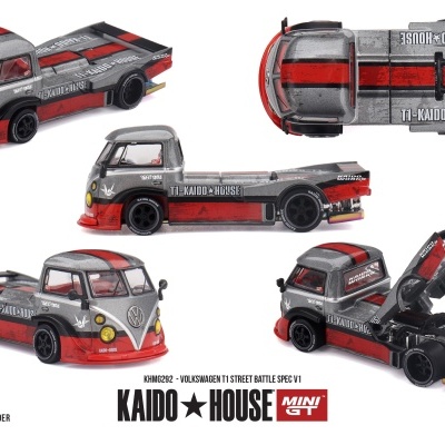 Miniatura carrinha Volkswagen T1 Street Battle preto com detalhes vermelhos e cinzentos e motor exposto