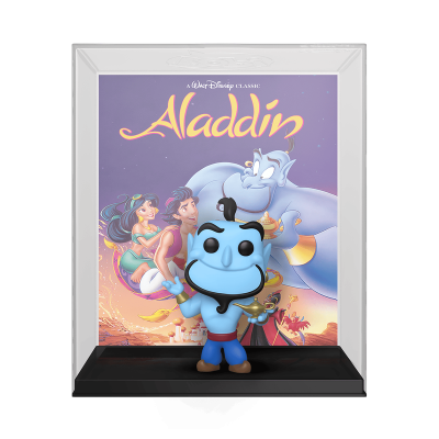 Figura Funko Pop do Génio azul com capa do filme Aladdin ao fundo