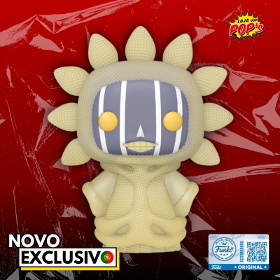 Boneco Funko Pop bege com face cinzenta riscada e olhos amarelos em fundo vermelho com textos e selo.