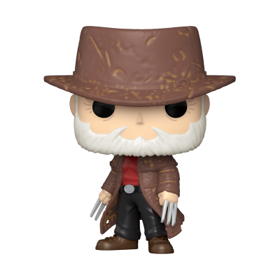 Figura colecionável estilizada Funko Pop com chapéu castanho, barba branca e garras metálicas