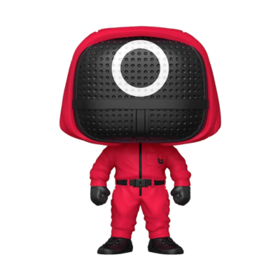 Figura colecionável de personagem com fato vermelho e máscara preta com círculo branco