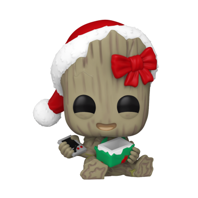 Funko Pop Baby Groot com chapéu de Pai Natal e laço vermelho segurando uma caixa e um comando
