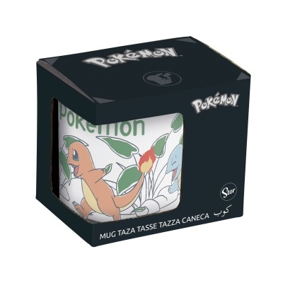 Caixa preta Pokémon com uma caneca branca decorada com personagens Pokémon visível através da caixa