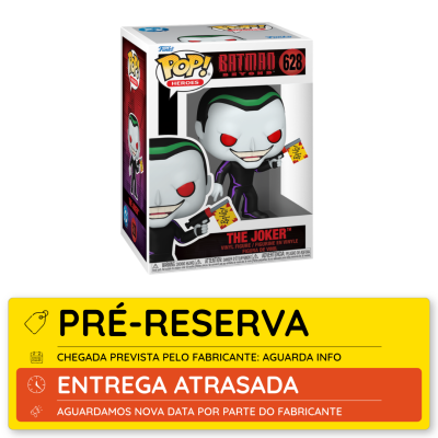 Figura Funko Pop! The Joker número 628 em caixa com janela transparente, personagem segurando pistola com bandeira Bang!