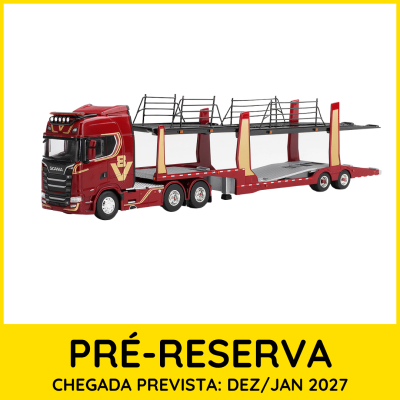 Miniatura de camião Scania vermelho com reboque para transporte de veículos.