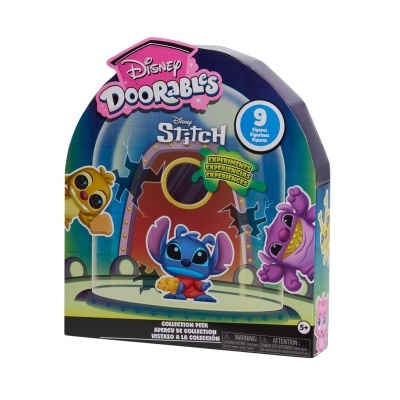 Embalagem de brinquedo Disney Doorables Stitch com personagens coloridos e texto de 9 figuras surpresa.