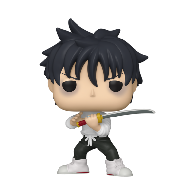 Funko Pop de personagem com katana, cabelo preto, camisa branca e calças pretas