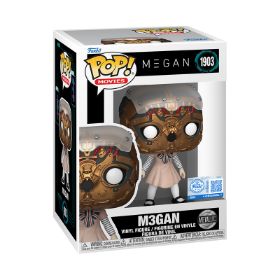 Figura Funko Pop! M3GAN metálica com máscara e roupa rosa numa caixa de exposição.