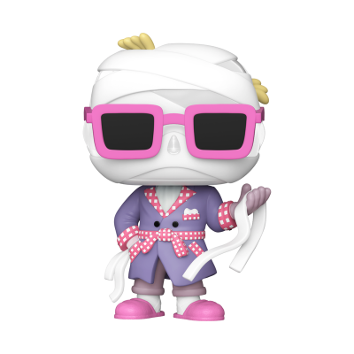 Figura Funko Pop com cabeça embrulhada e óculos rosa