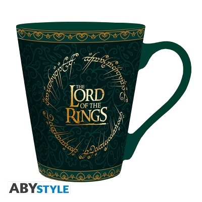 Caneca verde escura THE LORD OF THE RINGS com inscrições douradas e padrão floral