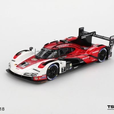 Miniatura de carro de corrida Porsche 963 em escala 1:43 com decoração vermelha, branca e preta