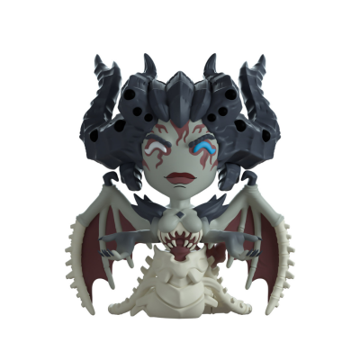 Figura colecionável de criatura mítica com chifres pretos e asas vermelhas