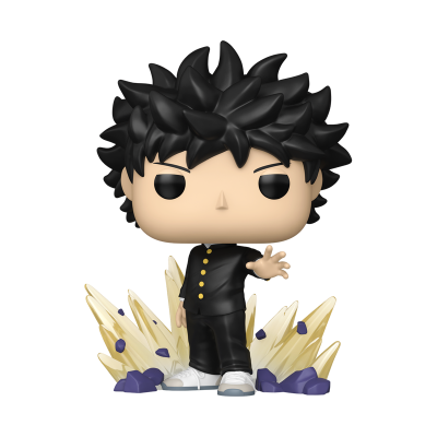 Boneco Funko Pop masculino com cabelo preto pontudo, roupa preta e sapatos brancos, em base decorativa amarela e roxa